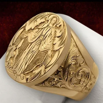 De Color oro Plateado Anillo de Bendición de la Virgen María Americana Emblema tallado a Mano Religiosas Anillo de las Mujeres del Partido de Hip-hop Rock de la Joyería