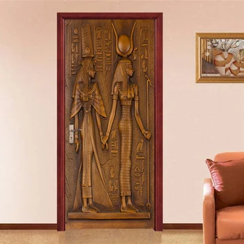 De Estilo europeo Retro de la Puerta de la etiqueta Engomada 3D Esculturas Egipcias papel Tapiz de la Sala de estar de la Cocina del PVC de la prenda Impermeable Casa Calcomanía de Vinilo de la Puerta Mural