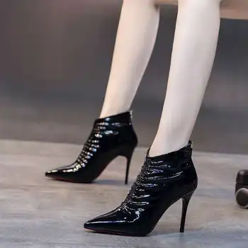 De Tacón alto Botas Cortas de Mujer,2020 Arranque de Tobillo,Zapatos de Mujer,de CUERO de Patente,Dedo del pie Puntiagudo,Fino Tacón,Calzado Femenino,Negro,Beige