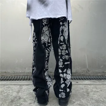 De anacardo de Impresión Mosaico de los Pantalones Vaqueros de los Hombres y Mujeres de la Calle Recta Lavado Harajuku del Dril de algodón Pantalones Sueltos Ripped Jeans para Hombres