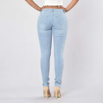 De las nuevas Mujeres Angustiado Curvas Cielo azul Mediados de Cintura Alta Pantalones de Denim Stretch Ripped Jeans Skinny Para Mujer Jean