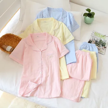 De manga corta pantalones de pijama establece las mujeres pijamas gasa de algodón Japonés simple Fresca en Verano de las mujeres ropa de dormir de mujer