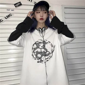 De manga larga camiseta de las Mujeres Camiseta de Mujer de Otoño 2021 Nuevo Falso de Dos piezas de Oso Impresión de la Versión en coreano Flojo Retro Estudiante Superior Ins