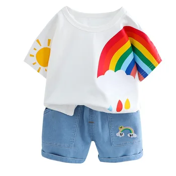 De verano los Niños Conjuntos de Niñas y Niños, Ropa de Moda de los Conjuntos de los Niños de Algodón arco iris de Impresión de la camiseta + pantalones Cortos de Mezclilla de Dos piezas de Ropa de los Niños