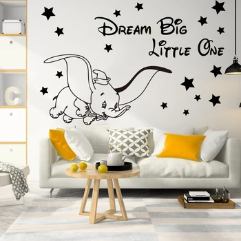 Dibujos animados de Disney Dumbo Volar Elefante Soñar en Grande Poco Una Cita con la Estrella de la Pared Calcomanía de la Habitación de los Niños Inspiradora Cita Pegatinas de Pared