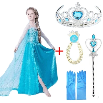 Disney Congelado vestidos de Niña Elsa Anna Traje con el Pelo Set de Accesorios de Azul de Encaje de manga Larga Niño de Lentejuelas Niños Cosplay vestido