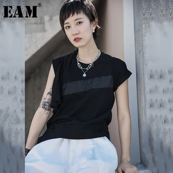 [EAM] las Mujeres Parche Negro Plisado Split Temperamento T-shirt Nuevo Cuello Redondo de Manga Corta Marea de la Moda de la Primavera Verano 2021 1S676