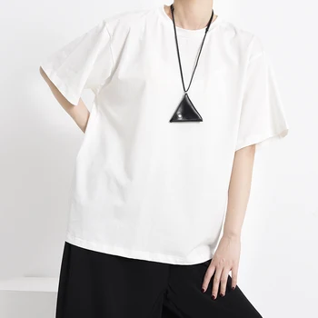[EAM] las Mujeres de Ala Blanca Perspectiva Temperamento camiseta Nueva Ronda de Cuello de la Mitad de la Manga de la Moda Marea de Primavera Verano 2021 1Y72900