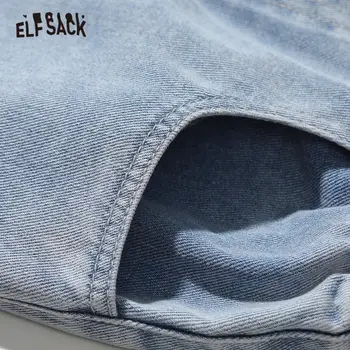 ELFSACK Azul Sólido Cintura Alta Lavado Casual Mujeres Vaqueros del Dril de algodón de Verano de 2020 ELFO Puro Agujero Rasgado coreana Hembra Diario Pantalones