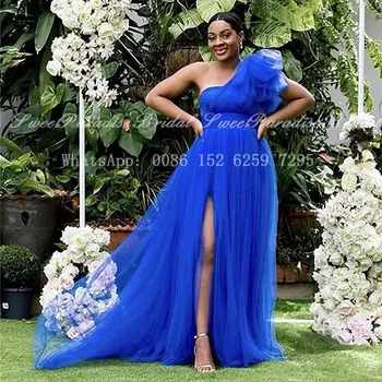 El 2020, Uno De Hombro Larga Vestidos De Dama De Honor Con Split De Tul Azul Real De Las Mujeres De Baile De La Boda Vestido De Fiesta Vestido De Fiesta De Boda