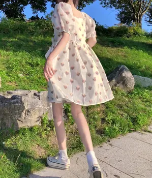 El Verano En Japón Nueva Kawaii Suave De La Chica De Los Vestidos De Elegante Plaza Collar Lindo Puff Manga Sweety Niña Fresa Arco Suelto Vestido
