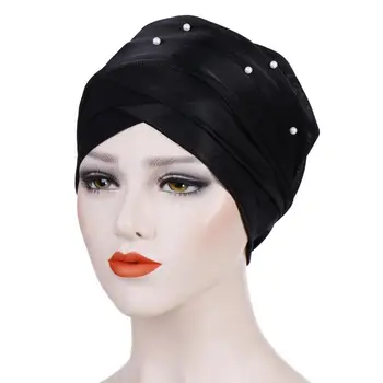 El pañuelo islámico bonnet las mujeres Musulmanas abalorios turbante hiyab tapas de la india africain 3 pliegues turbante femme musulman turbante mujer