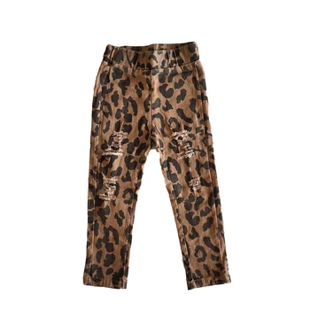 El último estilo de los niños de la moda de los pantalones vaqueros chica de la boutique de leopardo, pantalones de chica elástica de los pantalones vaqueros