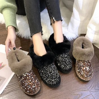 Felpa Caliente Botas de Nieve de 2019 Invierno de las Mujeres de Lentejuelas de pelo de Conejo de Nieve Botas de Espesar Algodón Botas de Bling antideslizante Botas de Algodón Zapatos