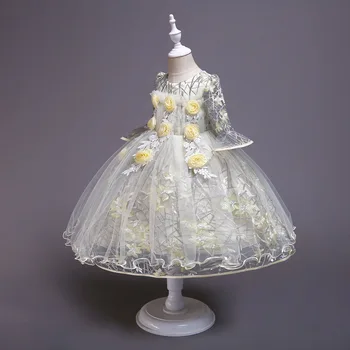 Flor de encaje de manga larga vestido de verano nuevo elegante niñas de malla bordado vestido de encaje de lujo de la boda vestido de la Muchacha de la ropa