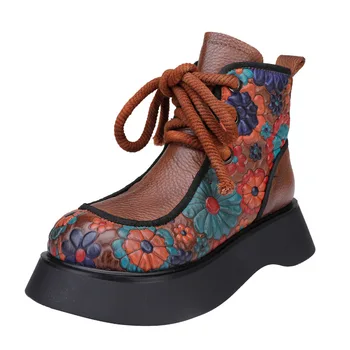 Floral de las Mujeres Botas de cordones de Cuero Genuino Zapatos de las Mujeres 2020 Nuevo Invierno Dedo del pie Redondo Cuñas de Impresión a Mano Cálida de Tobillo Botas de Plataforma