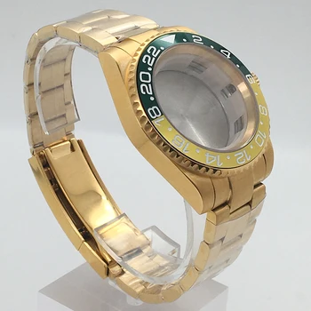 GMT40mm de oro recubiertas caso de sustitución partes de reloj de Cristal de Zafiro Reloj de Pulsera impermeable de la caja de acero, sin lupa