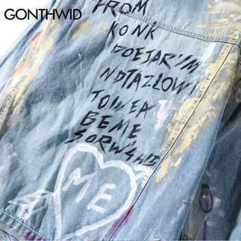 GONTHWID Tinta Graffiti de Impresión del Dril de algodón Abrigos de Hip Hop Punk Rock Casual Jeans Chaquetas Ropa de los Hombres de la Moda Hipster Chaqueta Outwear Macho