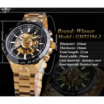 Ganador De Diamante Dial De Esqueleto Negro De Oro Reloj Automático De Acero Inoxidable De La Prenda Impermeable Luminosa Hombres De Negocios Reloj De Pulsera Mecánico