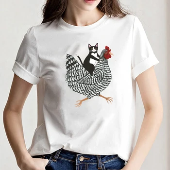 Gato Caballo de Pollo a la Impresión 3D de Manga Corta Divertido Mujer Camiseta de Verano de Nuevos Productos Casual O Cuello Salvaje de la Calle Hipster Suelto Damas