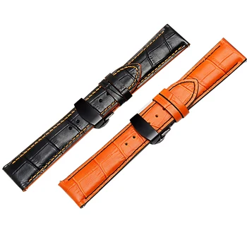 Genuina banda de reloj de cuero negro naranja hilo con la mariposa botón de la correa de repuesto para Mido M005 correa de los hombres 18/20/22/23mm