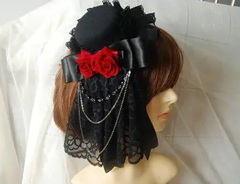 Gothic Lolita Tocado Retro Mini Top Hat con Encaje de Flores y Rosas de la Cadena de Steampunk broche para el Cabello Accesorios