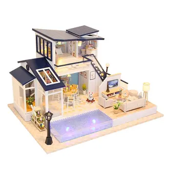 Gran casa de muñecas de la cocina de madera de dos capas de casa de muñecas kit de piscina brinquedos para criancas casa de muñecas jardín miniaturas grandes