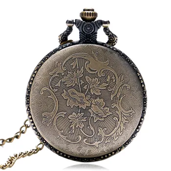 Grande de bronce tallado hueco locomotora vintage reloj de bolsillo de cuarzo Clásico flip interior blanco negro reloj de bolsillo