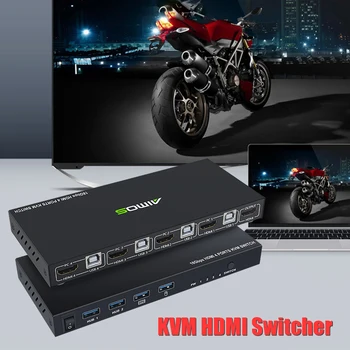 HDMI Conmutador KVM de 4 Puertos 4K USB Conmutador de Splitter Box para Compartir Monitor Teclado Mouse Impresora de Adaptación EDID/HDCP Plug and Play