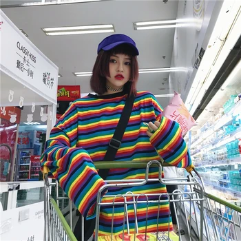 Harajuku 2019 Más Reciente De Las Mujeres Sudadera Arco Iris De Rayas De Estilo Coreano De Coincidencia De Trajes Sueltos De La Moda Tops Para Mujer