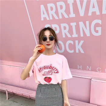 Harajuku Kawaii Suelta De Leche De Fresas Camiseta Tops De Mujer De Verano Coreano De La Moda Ulzzang La Camiseta De La Ropa De Colegiala Linda Ropa