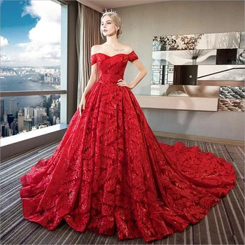 Hermoso Tren de Otoño 2020 Vestidos de Novia para las Mujeres Rojo de Cuello de Barco свадебное платье Más el Tamaño de vestidos de noiva Túnica De Mariage