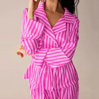 HiLoc De Color Rosa De Satén A Rayas Camisones De Manga Larga Pijama Con Pantalón Set De Dos Piezas Fajas Casa De Desgaste De Primavera Juego De Sala De Estar 2021 Pijama