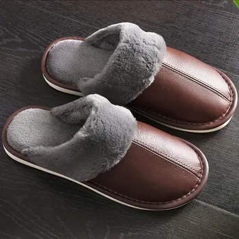 Hombres Zapatillas de Invierno Genuino Zapatillas de Cuero para los Hombres Caliente Zapatillas de Felpa de Gran Tamaño 45-46 Zapatillas de Casa Cómoda, Zapatos de Casa
