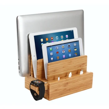 ICozzier 4 ranuras de Bambú, Reloj de Pie Extraíble Multi-dispositivo Estación de Carga y Cable de Organizador de Soporte de Muelle de Reloj, iPhone, iPad