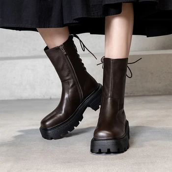 Invierno de Cuero Genuino Chelsea fondo Grueso botas de las Mujeres de Tobillo Botas Cómodas calidad suave Zapatos de Marca de Diseñador hechos a Mano 2020