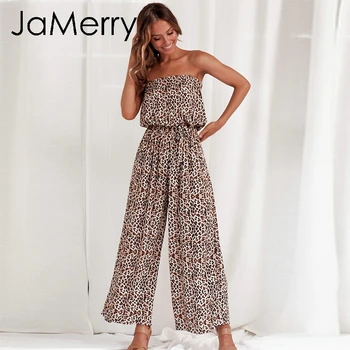 JaMerry Sexy fuera del hombro de largo mono mameluco de las mujeres Fajas mono pijama de peleles de Verano sólido de leopardo de impresión mono 2019