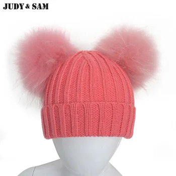 Judy&Sam Gran Fur Real Pom Pom Sombrero para Niños y Niñas Super Elegante Doble de Piel de Mapache Pompón de Gorras para Niños