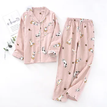 KISBINI Nueva Mujer Otoño de ropa de dormir de Gato Lindo de Impresión de Algodón Puro Conjunto de Pijamas Para Mujer de Manga Larga Botón de Mujeres Pijama Conjunto