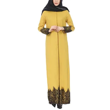 LIBRE de AVESTRUZ Musulmán Vestido de las Mujeres de color Amarillo de Encaje Delanteros Tapizados en Abaya Musulmán Maxi Kaftan Kimono Musulmán de la Moda Vestido de las Mujeres del Verano
