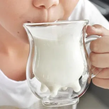 La MODA de la COPA de la VACA Ubre forma de doble pared de vidrio transparente en el café con leche, té de la taza de la taza de la manija de La moda 2021 último