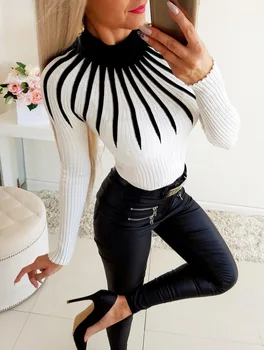 La Moda Bodycon Negro Blanco Mujer Jersey 2020 Otoño Invierno De Coincidencia De Color De Tejido De Punto Mujer Turleneck De Manga Larga Sexy Suéter