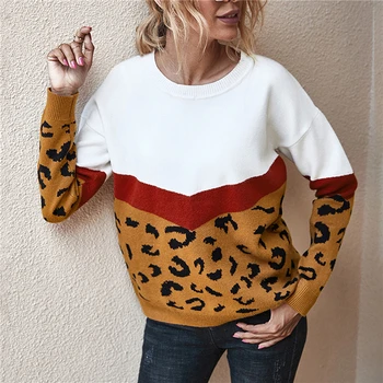 La Moda Del Leopardo De Patchwork Señoras Suéter De Otoño Invierno De Punto O De Cuello De Manga Larga Suéter Casual Femenina 