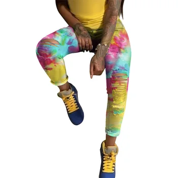 La Moda Tie-Dye De Impresión Ripped Jeans Mujer Otoño Casual Flaco De Cintura Alta Del Dril De Algodón Pantalones De Mujer Sexy De La Rodilla Hueco Vaqueros Desgastados