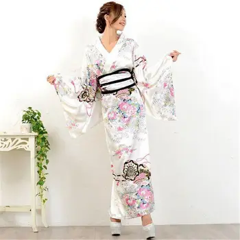 La Mujer Japonesa En Kimono Manto Dulce Floral Patten Japonés Kimono Cosplay Vestido De Traje De Las Mujeres De Seda De Satén Albornoz Ropa De Dormir
