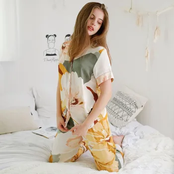 La moda Amarillo Floral Viscosa de las Mujeres de Manga Corta Pijama Conjuntos de Primavera Verano Casual Pantalones Largos Camisones de Trajes de Ropa de Hogar