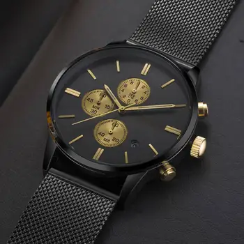 La parte superior de la marca LIANDU simple negocio de la moda impermeable calendario cronógrafo de acero inoxidable de malla de la correa ultra-delgada de cuarzo reloj de los hombres