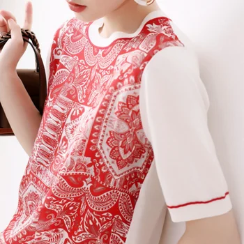 La seda camisetas de las Mujeres Patchwork Knite Manga O Cuello de la Impresión de la parte Superior de las Mujeres Camisa de Manga Corta Para las Mujeres Básicos de los más Elegantes de la Moda