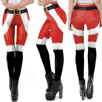 Las mujeres de Navidad de Navidad Polainas Tramo de la Altura de la Cintura de rayas arco de Encaje de la campana de la correa de la impresión en 3D Pantalones Deportivos Pantalones