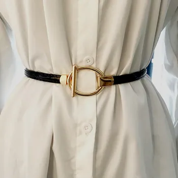 Las mujeres de Oro Hebilla Oval cinturas NUEVA imitación de cuero ajustable Cinturón Fino de Cuero de Patente cummerbunds de boda Simple capa de cintura